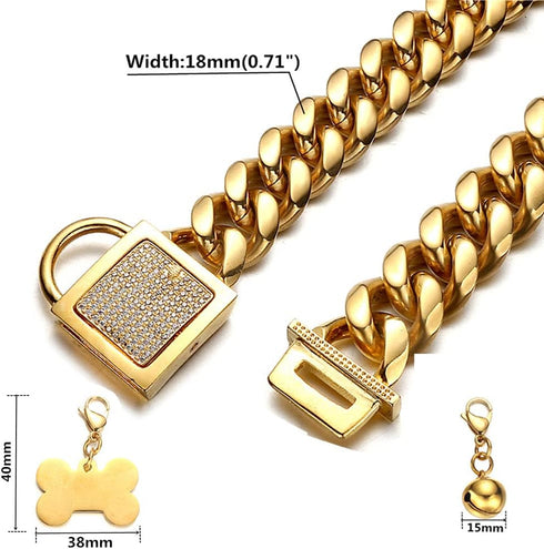 Gold Dog Chain Collars - 10mm/14mm/18mm 18k Stainless Steel Miami Cuban Link Chew Proof for Small Medium Large Dogs
