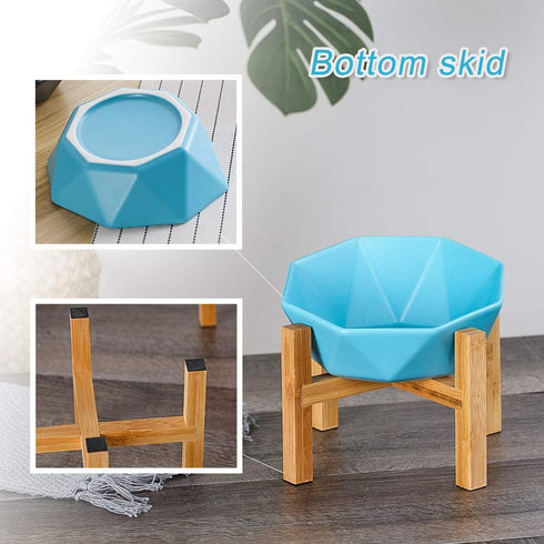 Ceramic Tilted Elevated Pet Bowl with Bamboo Stand, Blue - No Spill Feeder for Cats and Dogs