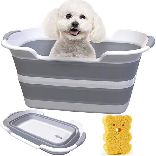 Multi-Functional Collapsible Dog Bathtub with Brush, 7.1 Gal Portable Laundry Basket, Foldable Bathing Tub for Small