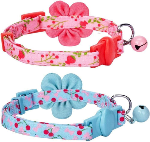 Blueberry Pet Pack of 2 Adjustable Breakaway Cat Collars, Lovely Cherry and Floral Prints with Flower & Bell, Neck