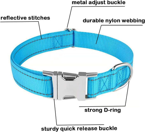 Reflective Dog Collar - Adjustable Safety Nylon with Metal Buckle, Heavy Duty Quick Release for Small Medium Large