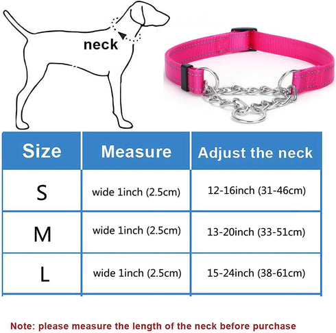Martingale Dog Collar with Stainless Steel Chain, Reflective Adjustable Collar for Medium Large Dogs (S, Pink)