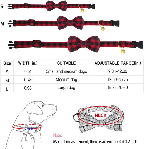 KUDES Adjustable Plaid Dog Collar with Bow, 2 Pack Set, Best Pet Gift for Small, Medium, and Large Dogs, Red & Black