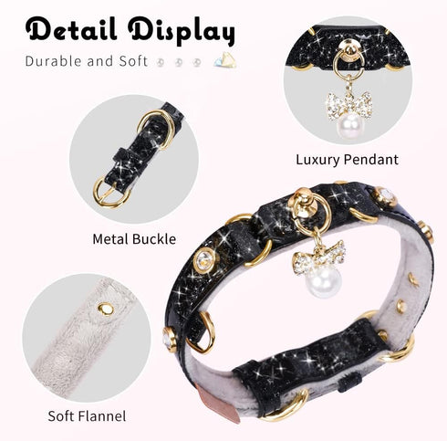 PetsHome Bling Rhinestones Cat Collar, PU Leather Adjustable Pet Collar with Luxury Pendant for Extra Small Dog and