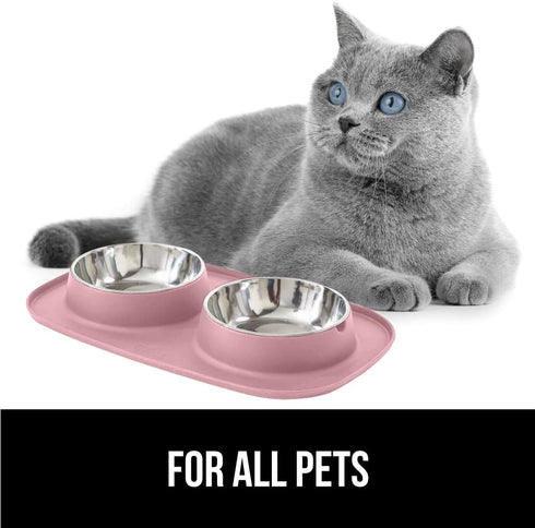 Gorilla Grip 100% Waterproof Cat and Dog Bowls - Silicone Feeding Mat Set with Stainless Steel Bowl, Slip Resistant,