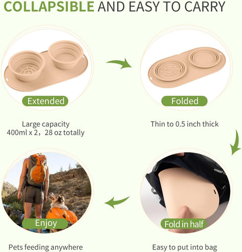 Dog Food Bowls & Collapsible Water Bowls with No-Spill, Non-Skid Feeder Bowls & Mat for Small Medium Large Dogs