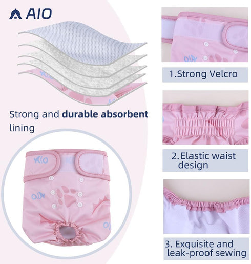 AIO Female(3 Pack), Dog Diapers Small Medium Large Highly Absorbent Wraps Reusable Dog Diapers Female
