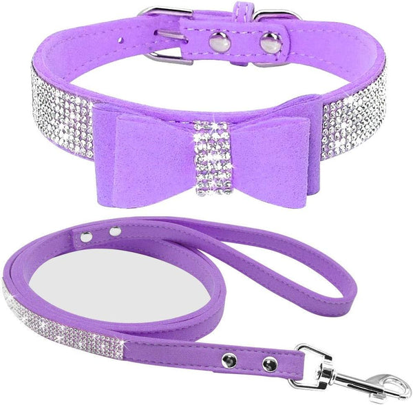 Cute Elegant Soft Suede Leather Bling Rhinestone Dog Collar and Leash Combo Set for Pets (XS, Purple-1)