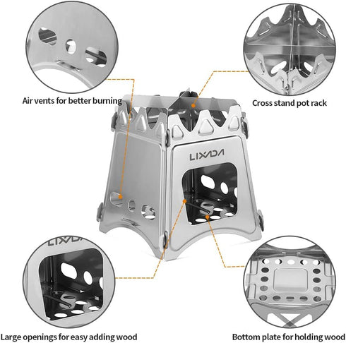 Lixada Lightweight Folding Camping Wood Stove, Portable Stainless Steel for Outdoor Use