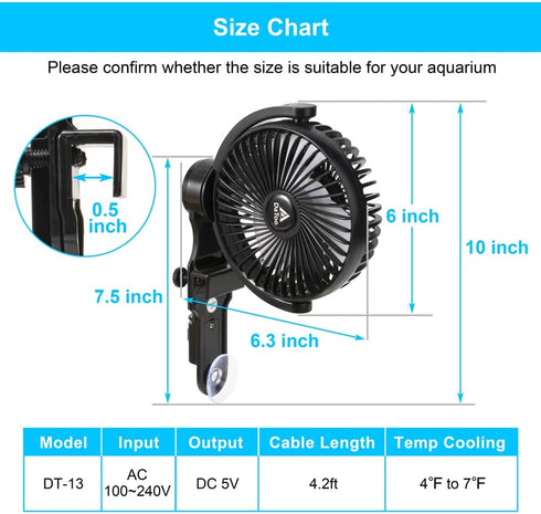 DaToo Aquarium Chillers Fish Tank Cooling Fan Quiet Aquarium Fan Wind Angle Adjustable Chiller with Clip and Suction Cup