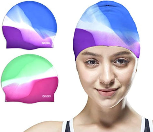 Silicone Swim Caps, 2 Pack Durable Comfortable Adult Swimming Cap for Short Hair and Long Hair