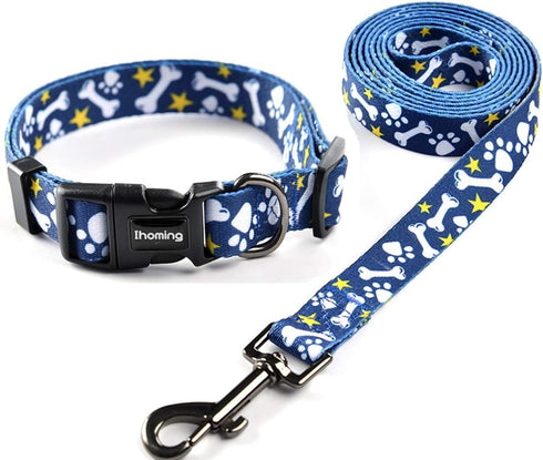 Ihoming Dog Collar and Leash Set for Daily Outdoor Walking, Bone Design for Large Dogs, L-Up to 80LBS