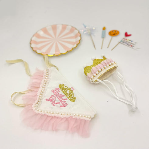 Girl Dog Birthday Hat Bandana Kit, Princess Decorations with Crown for Cats and Dogs, 1st Birthday Gift (PinkGold).