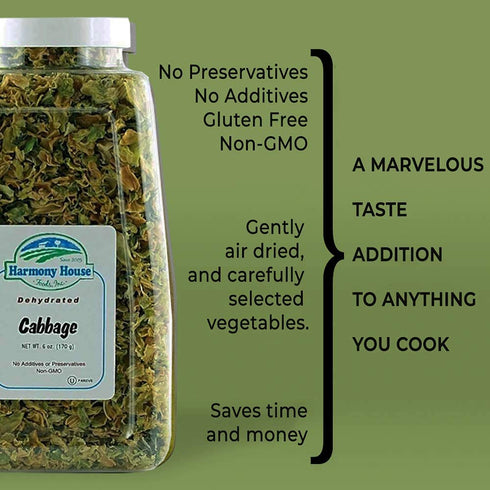 Backpacking, 6 Harmony House Foods Dehydrated Cabbage Flakes - Air Dried Vegetables for Soup and Cooked Dishes, Great