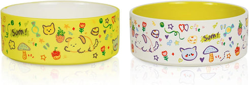 Cute Small Dog Bowl Set - Ceramic Water and Food Bowls for Small Pets, Heavy Cat Bowls, Dishwasher Safe, Green & White