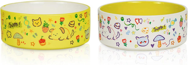 Cute Small Dog Bowl Set - Ceramic Water and Food Bowls for Small Pets, Heavy Cat Bowls, Dishwasher Safe, Green & White