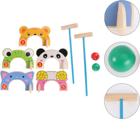 TOYANDONA Cartoon Wooden Animal Croquet Set - Interactive Family Game with Croquet Wood Mallets for Kids