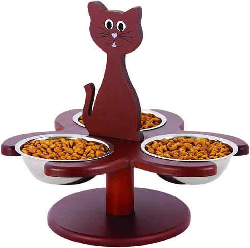 Etna Pet Store Elevated Cat Bowls, Wooden Raised Feeder with 3 Removable Bowls for Food & Water, Brown