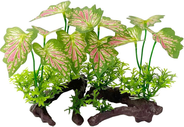 Smoothedo-Pets Aquarium Plants, 2pcs Plastic Artificial Fish Tank Decorations (Rainforest Leaf-Pink-Small-Set)