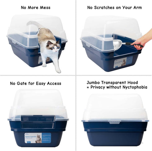 Petfamily Large Foldable Jumbo Hooded Cat Litter Box - Transparent Lid, Navy Blue