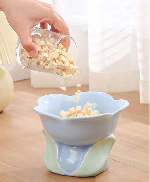 Flower Shape Ceramic Raised Cat Bowl, 8 OZ Pet Food and Water Bowl for Cats and Dogs - Blue - 1 PCS