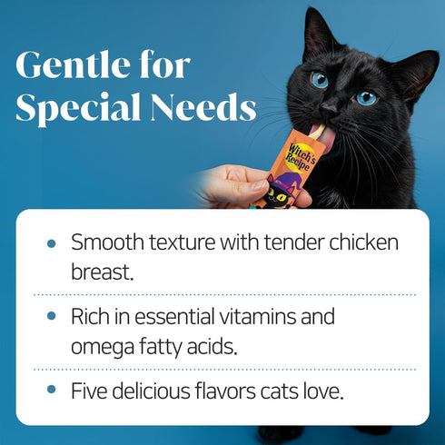 Witch's Recipe 100 0.5oz Lickable Cat Treats, Creamy Squeezable Puree, Grain-Free, Tubes, Chicken Tuna Salmon goatmilk