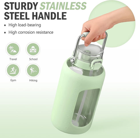84oz 2.5l BLUEGO Water Bottle Glass with Stainless Steel Handle Large Water Bottle with Time Markers and Silicone