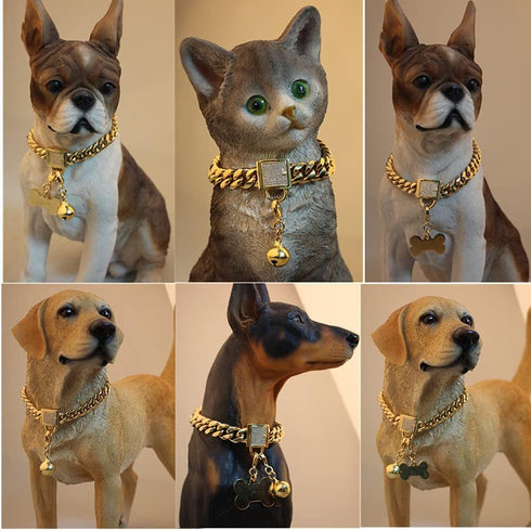 Gold Dog Chain Collars with ID Tag and Bell, 10mm/14mm/18mm 18k Stainless Steel Miami Cuban Link Chew Proof (18mm,