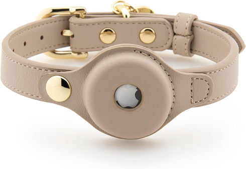 Cupertino Dog Collars, Harnesses & Leashes - Vegan Leather with Dog Tracker Device Holder, Adjustable (Small, Beige)