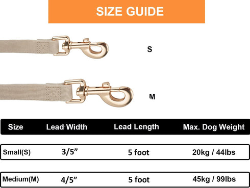 Soft Cotton Dog Leash - 5 Ft Heavy Duty Corduroy with Gold Metal Hook for Small Medium Large Dogs (White)