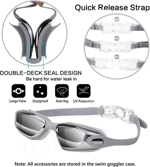 Swim Goggles - No Leaking Swimming Goggles with Nose Clip, Earplugs, Swim Cap and Case