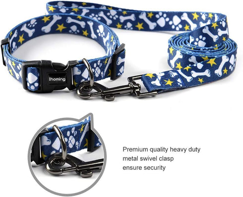 Ihoming Dog Collar and Leash Set for Daily Outdoor Walking, Bone Design for Large Dogs, L-Up to 80LBS