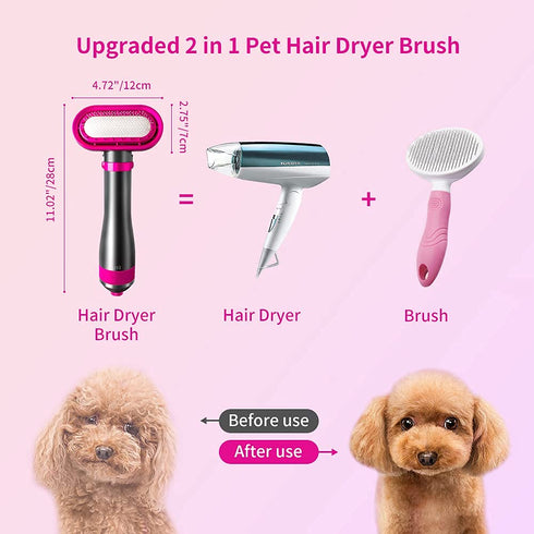 Hair Dryer Brush for Small/Medium Dog & Cat, 2 in 1 Pet Grooming Dryer with 2 Heat Settings & 3 Adjustable Blowing