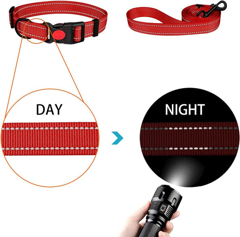 Reflective Dog Collar and Leash Set, Adjustable Nylon for Small Medium Large Dogs (3 Sizes, Red & S)