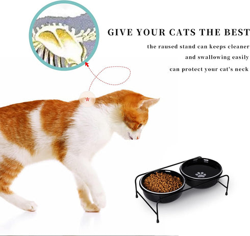 Porcelain Raised Cat or Small Dog Bowls with Heighten Metal Stand and Non-Slip Bottom 15 Ounces (Black)