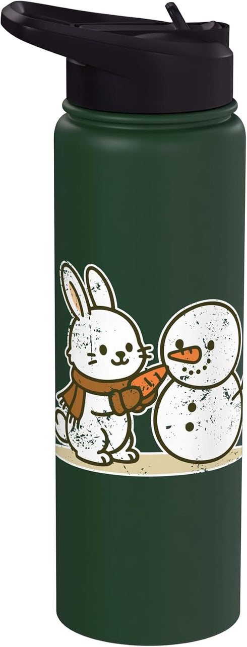 bunny snowman carrot winter cute wintertime Bunny Building Snowman With Carrot Stainless Steel Insulated Water Bottle