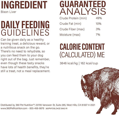 360 Pet Nutrition Freeze Dried Bison Liver Treats, Made in The USA, 4 Ounce (Single Ingredient)