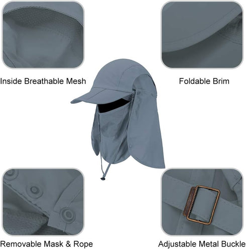 Foldable Sun Cap Fishing Hats, UPF 50+ Protection Caps with Face Mask Neck Flap
