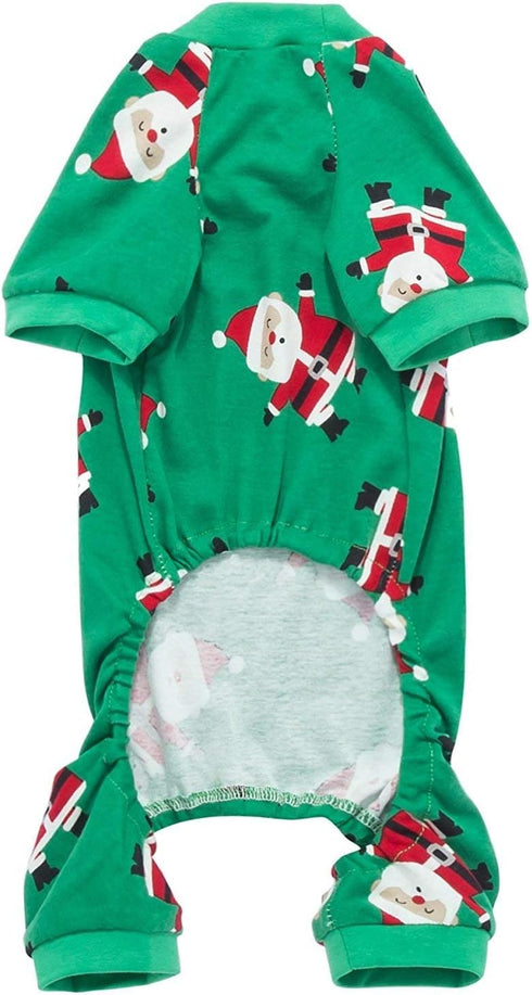Cute Santa Claus Christmas Dog Pajamas PJS, Green Holiday Pet Clothes Jammies Onsie, Back Length 12" Small
