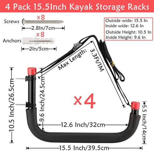 Kayak Storage Racks, 15.3 Inch Wall Mount Hooks for Kayaks, SUP, Paddle Boards, Heavy Duty