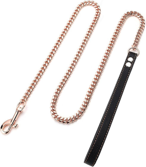 Rose Gold Heavy Duty Chain Dog Leash, 3FT/4FT/5FT Stainless Steel, Leather Handle, for Large Medium Small Dogs (10mm,