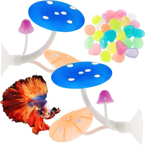 2Pcs Betta Fish Mushroom Hammock with 30 Luminous Stones, Soft Silicone Aquarium Rest Bed