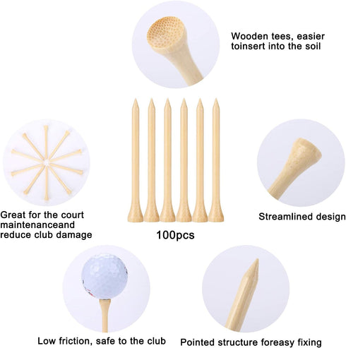 Golf Tees Durable Bamboo Tees - 100Pcs 3-1/4" Biodegradable Material for Reduced Friction and Stable Performance
