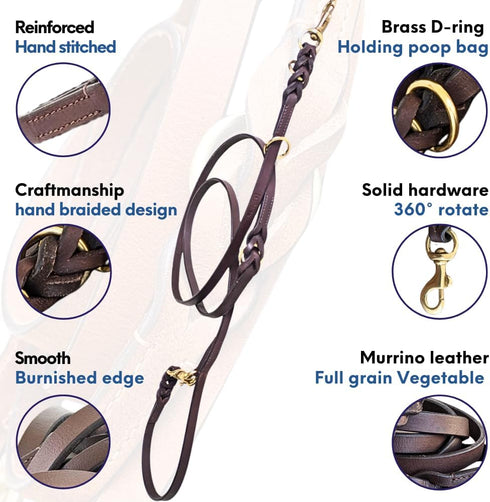 Multi Function 8ft Leather Dog Leash, Genuine Hands Free Training Leash for Small, Medium, Large Dogs (Dark Brown)