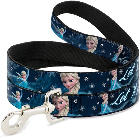 Buckle-Down Pet Leash - Elsa the Snow Queen Poses/Snowflakes LET IT GO Blues/White - 4 Feet Long - 1/2" Wide