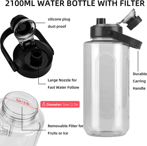 Half Gallon/64oz Water Bottle With Handle, Leak Proof with Removable Strainer, BPA Free Fitness 2L Sports Jug (Grey)