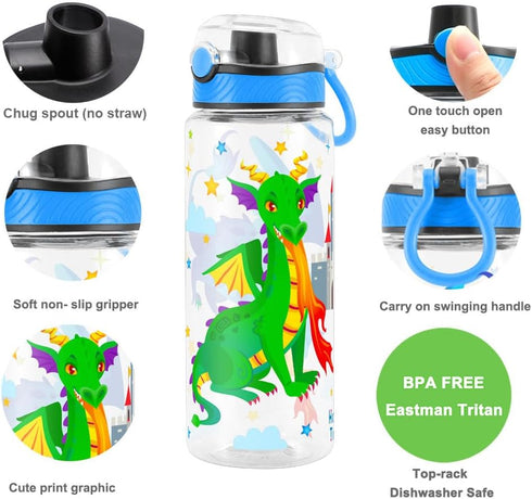 Home Tune 23oz Cute Water Bottle for School Kids Girls, BPA FREE Tritan, Leak Proof with Easy Clean Handle (Fire Dragon)