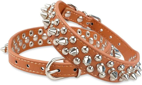 Adjustable Spiked Soft Leather Dog Cat Collar for Female Male, Brown, Anti Bite Studded for Small Dogs (Brown, XS)