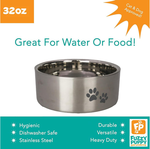 Stainless Steel Double-Wall Insulated Non-Slip for Dog, Cat, Pet Food and Water Bowl | Silver, 32 oz. (PN: DWB-Silver-32)