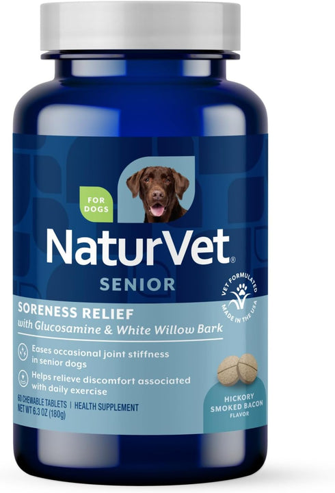 NaturVet Soreness Relief Senior Supplements for Dogs, Hickory Smoked Bacon Flavor, 60
